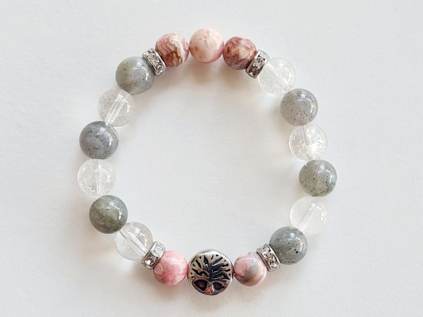 Bracelet rhodochrosite cristal de roche et labradorite